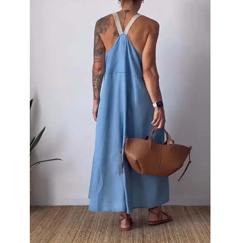 Robe à bretelles simple en coton et lin pour femme