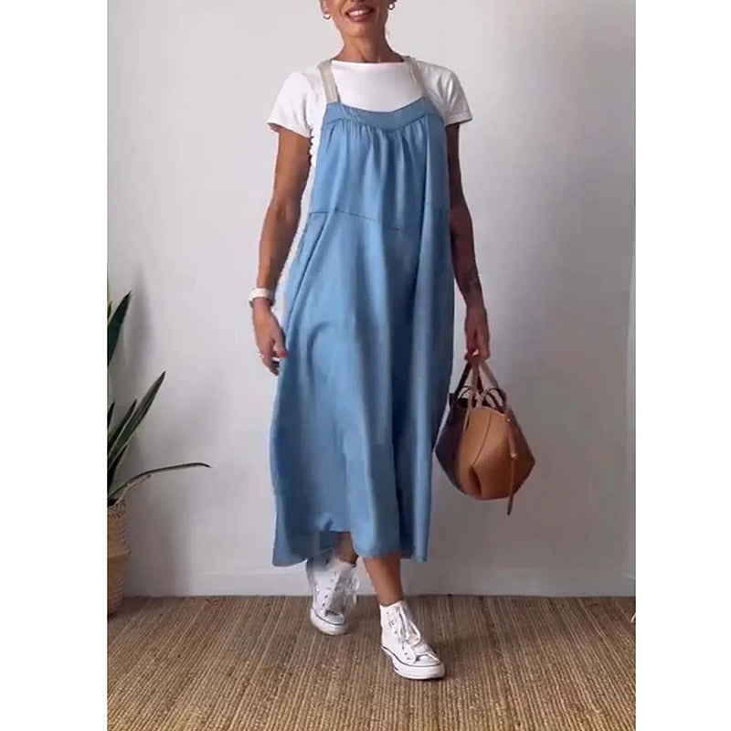 Robe à bretelles simple en coton et lin pour femme