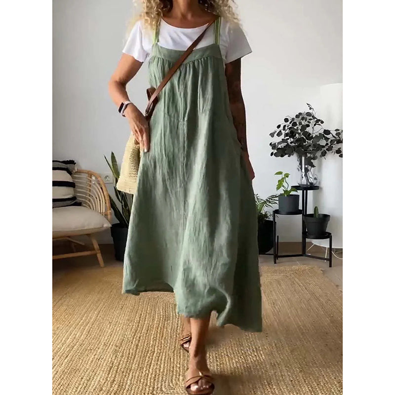 Robe à bretelles simple en coton et lin pour femme