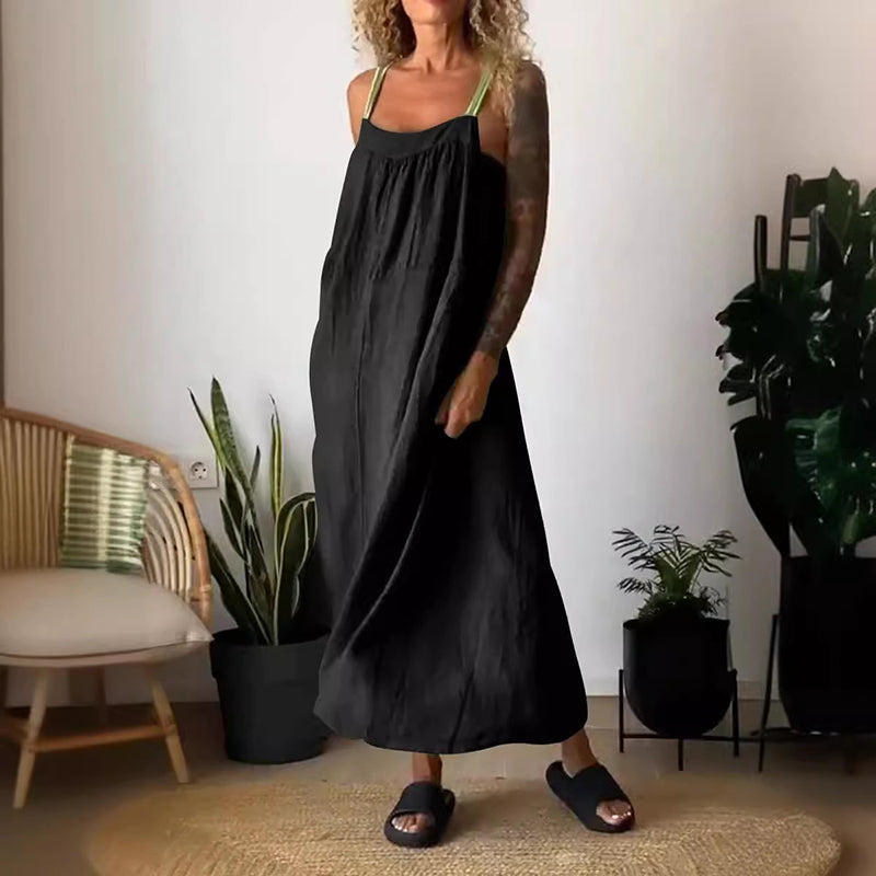 Robe à bretelles simple en coton et lin pour femme