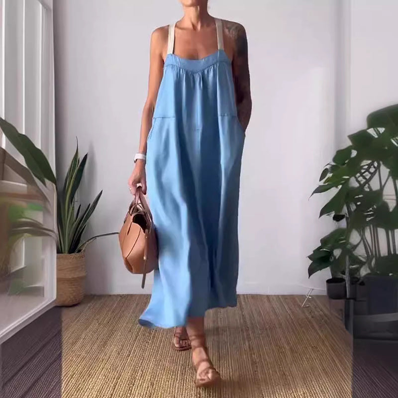 Robe à bretelles simple en coton et lin pour femme