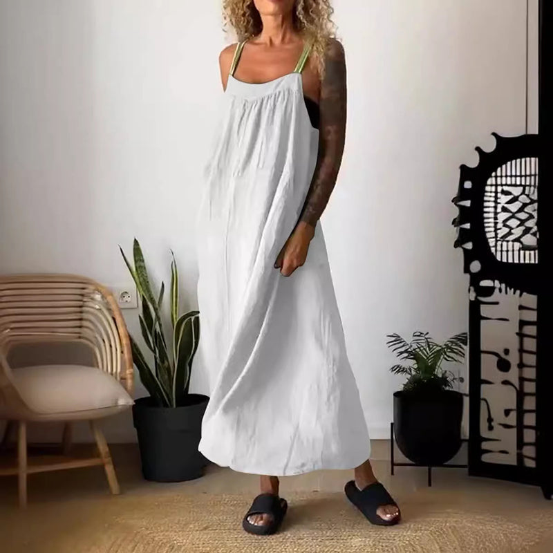 Robe à bretelles simple en coton et lin pour femme