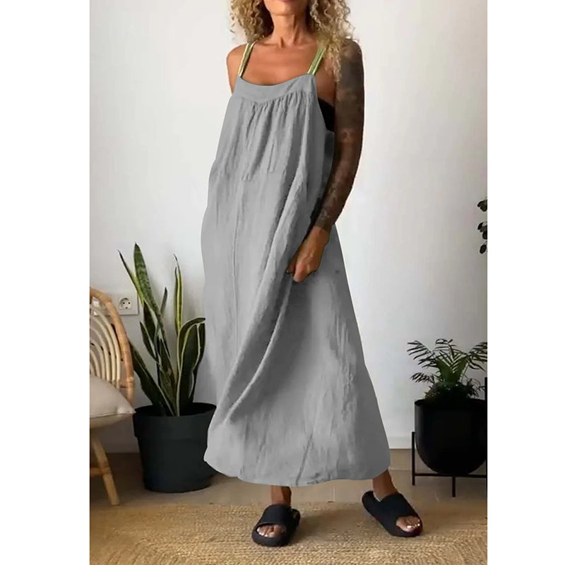 Robe à bretelles simple en coton et lin pour femme